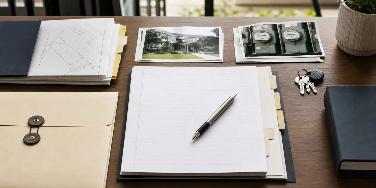 A closing-day desk: a tabbed document folder with a survey sketch, a blank lined pad and pen, printed photographs of a house and of utility meters, a filing envelope and a set of keys.